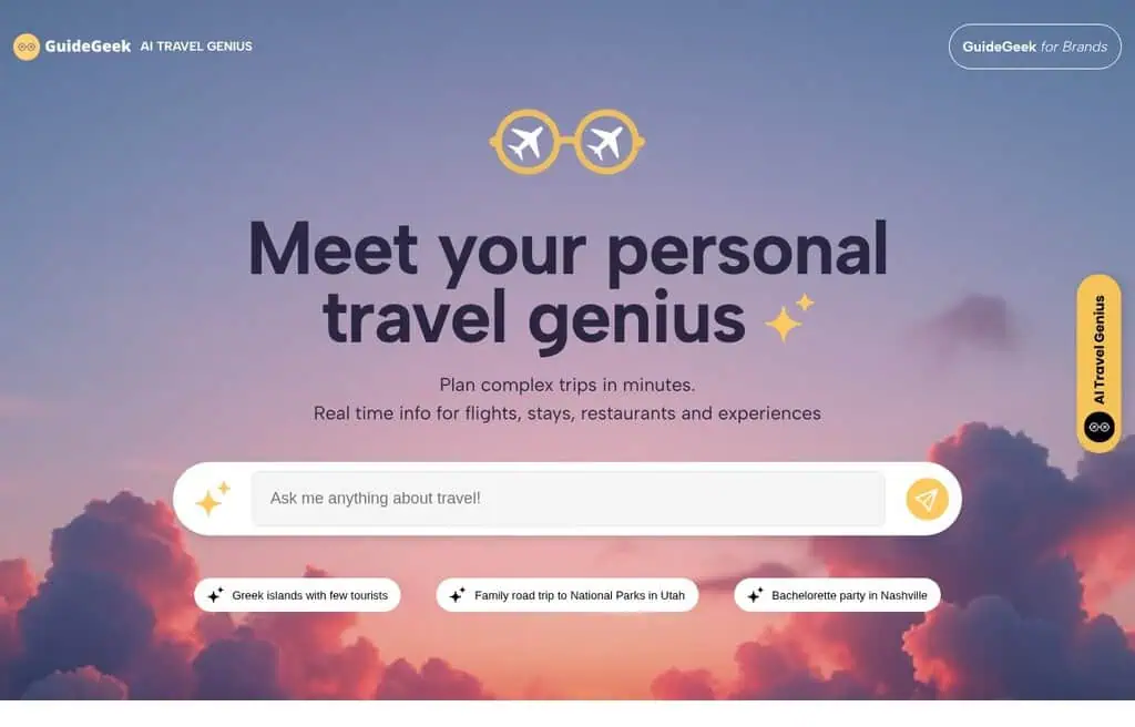 GuideGeek AI travel planner homepage screenshot