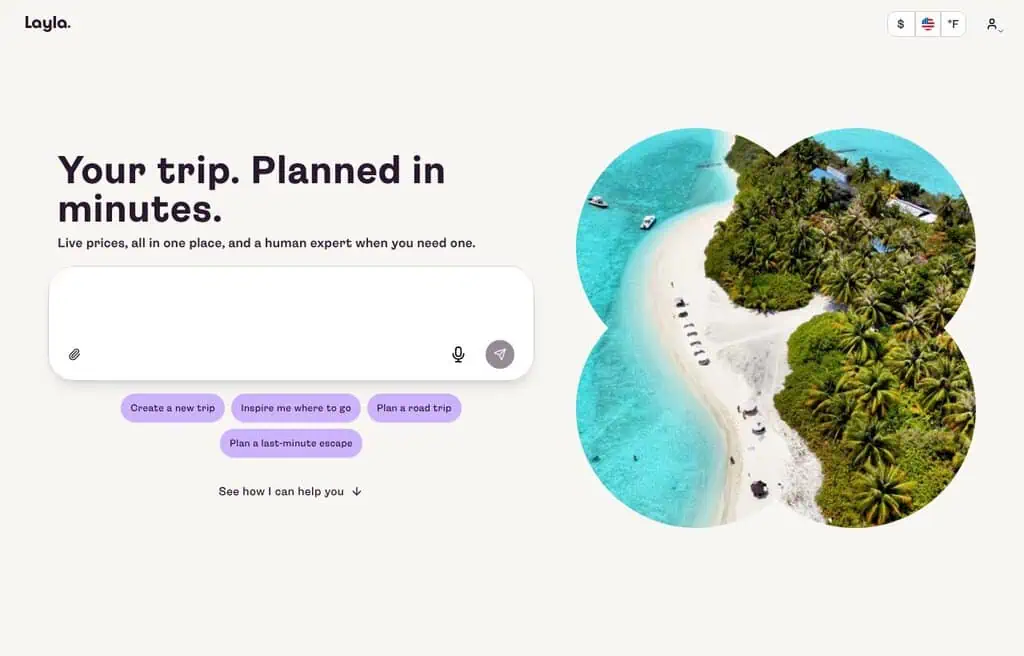Layla AI travel planner homepage screenshot