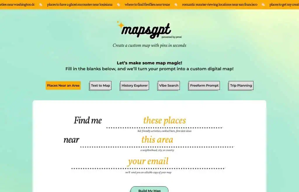 Maps GPT AI travel planner homepage screenshot