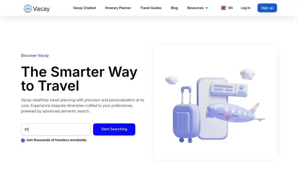 Vacay AI travel planner homepage screenshot