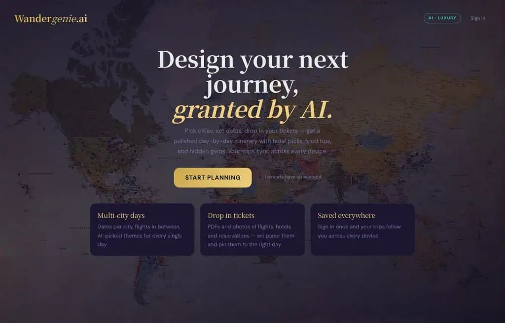 WanderGenie AI travel planner homepage screenshot