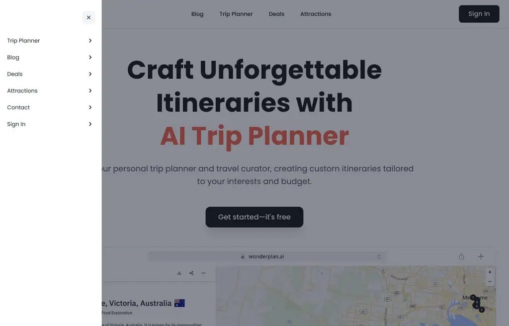 Wonderplan AI travel planner homepage screenshot