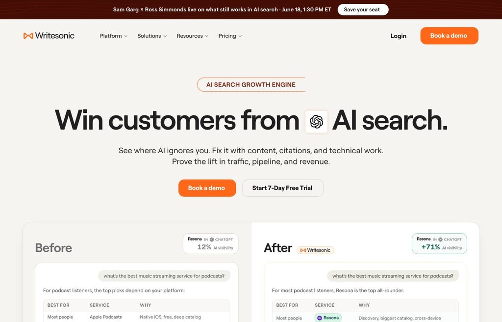 Writesonic AI writer drafting SEO content and articles