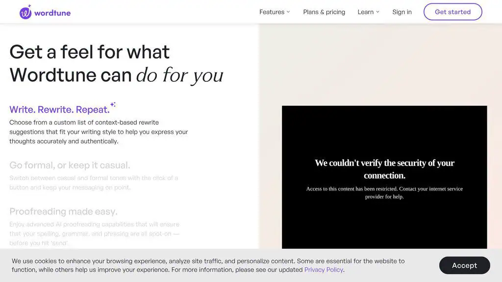 Wordtune AI writer rewriting and refining a sentence with tone options