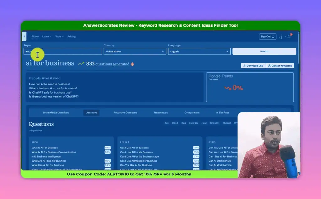 Answer Socrates generating 833 question-based keyword results for a seed keyword in seconds