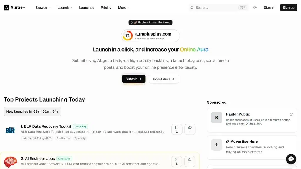 auraplusplus.com homepage showing top AI and SaaS projects launching today with badges and backlinks