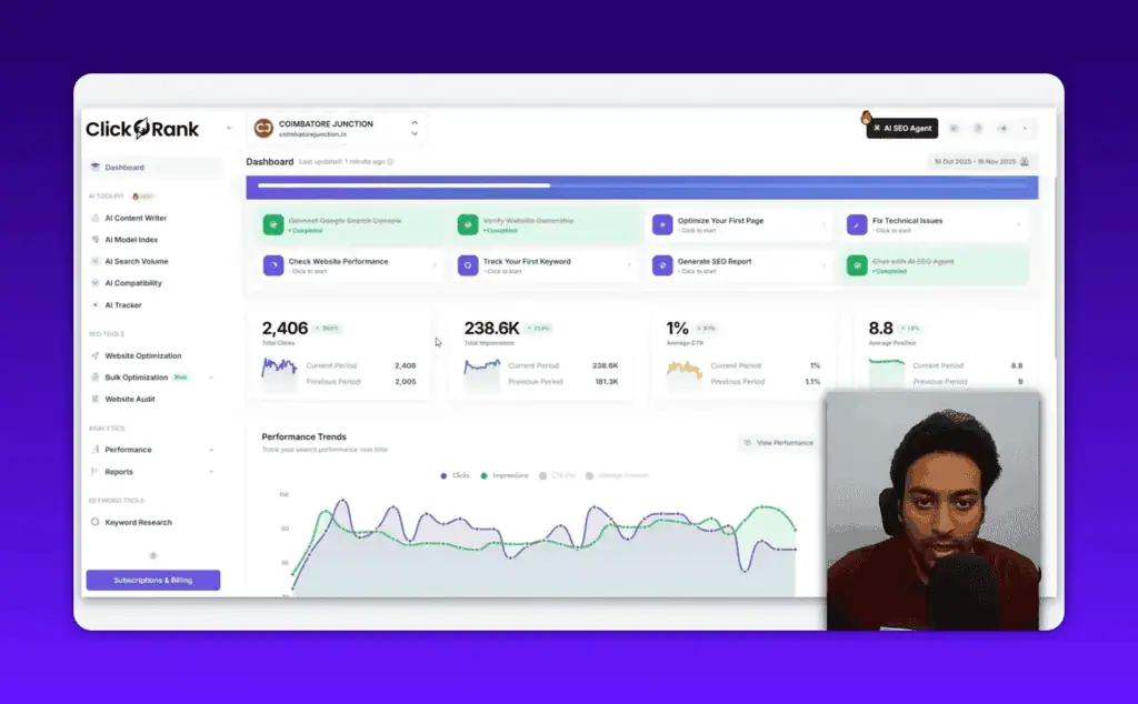 ClickRank AI SEO dashboard showing clicks, impressions, CTR and performance trends