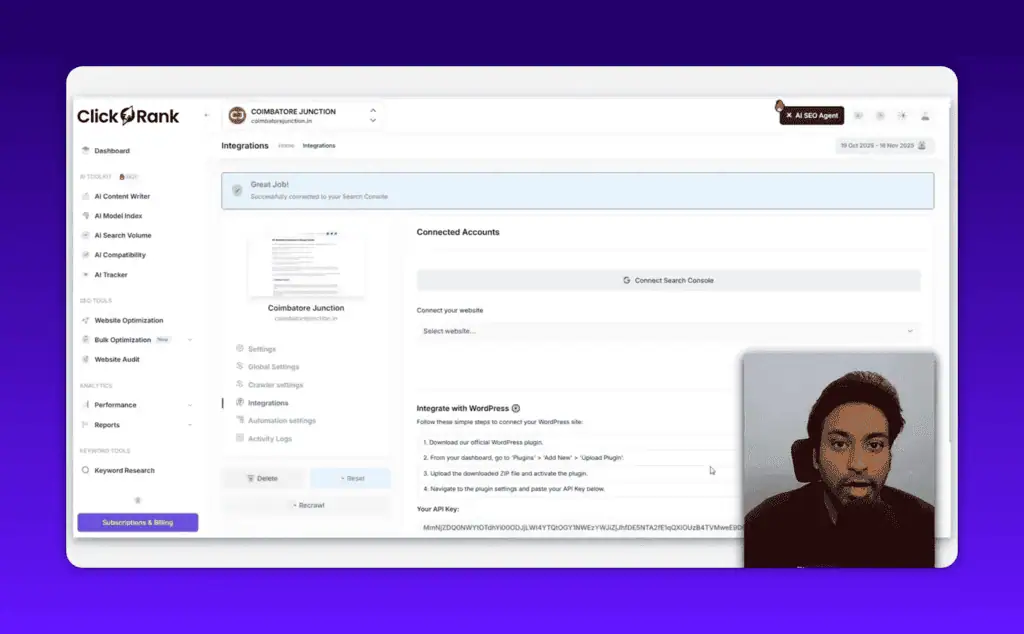 ClickRank AI successfully connected to Google Search Console showing website integration