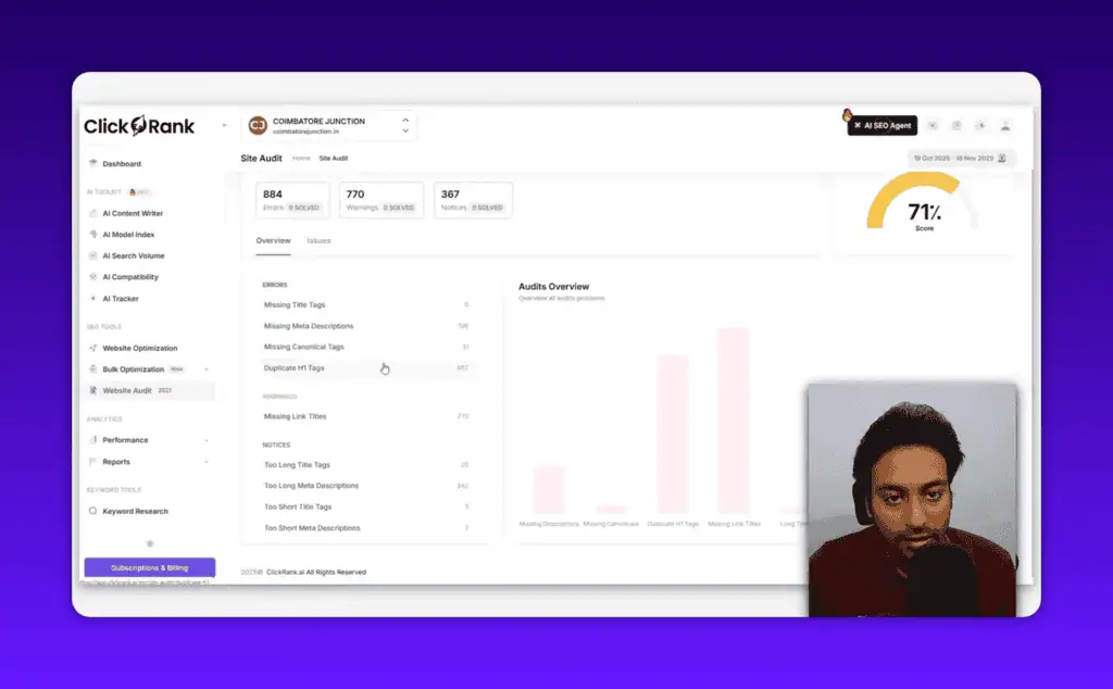 ClickRank AI site audit showing duplicate H1 tags and technical SEO issues found