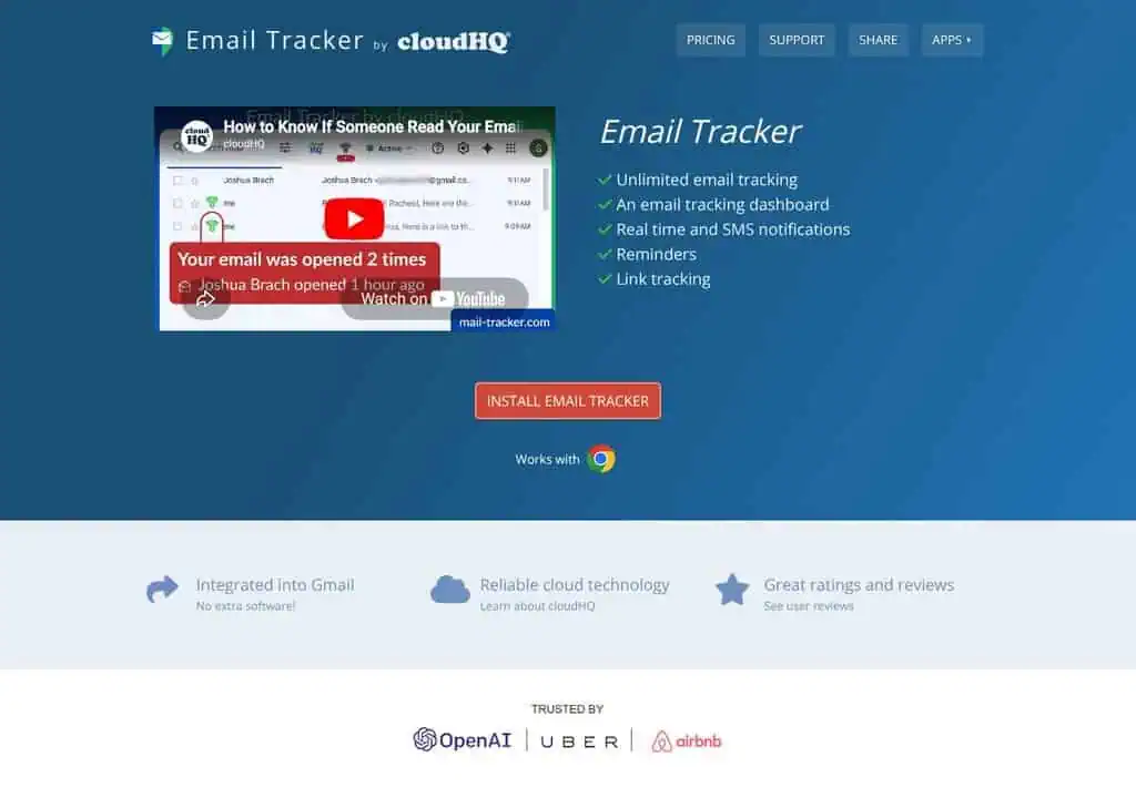 cloudHQ Email Tracker for Gmail setup page with the Add to Chrome button and in-Gmail tracking toggle