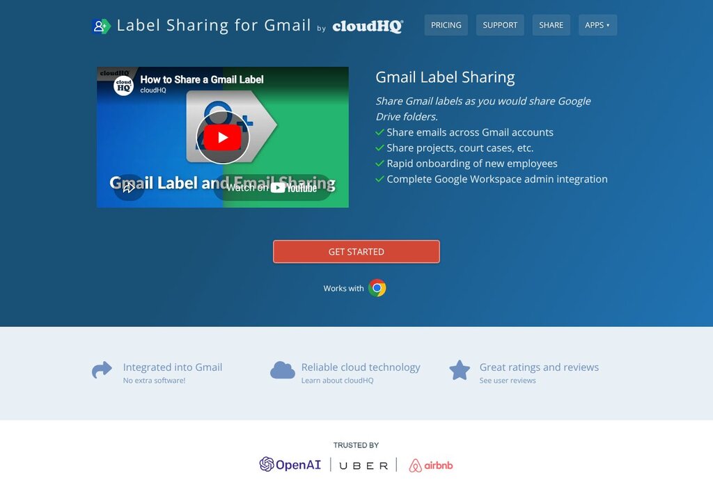 cloudHQ Gmail Label Sharing setup showing a shared Client Support label syncing across two teammates in real time