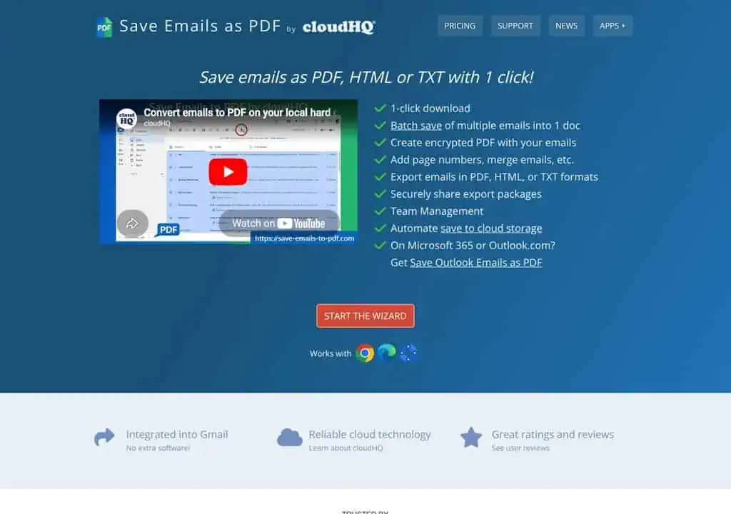cloudHQ Save Emails as PDF options in Gmail showing single versus separate PDF export and the include attachments toggle