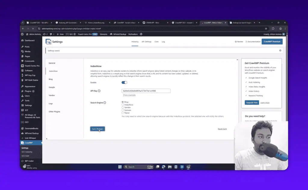 CrawlWP IndexNow settings with API key configuration screen