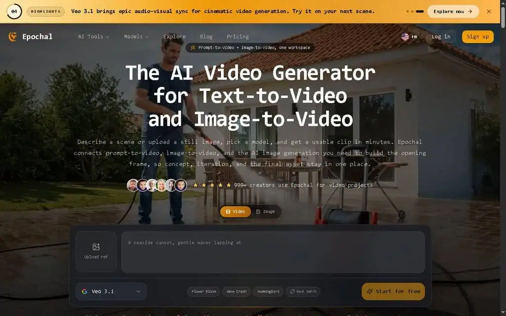 Epochal homepage showing the text-to-video and image-to-video workspace with model picker and prompt box