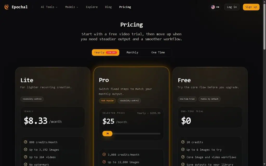 Epochal pricing page showing Free, Lite, and Pro plans with monthly credit allowances