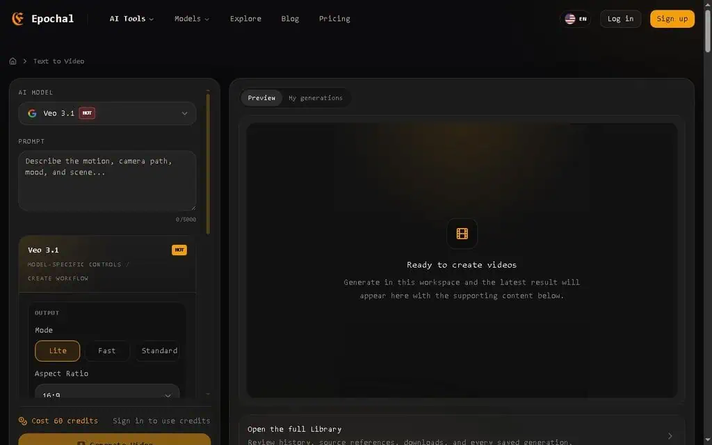 Epochal text-to-video workspace with prompt box, model controls, duration, resolution, and credit cost