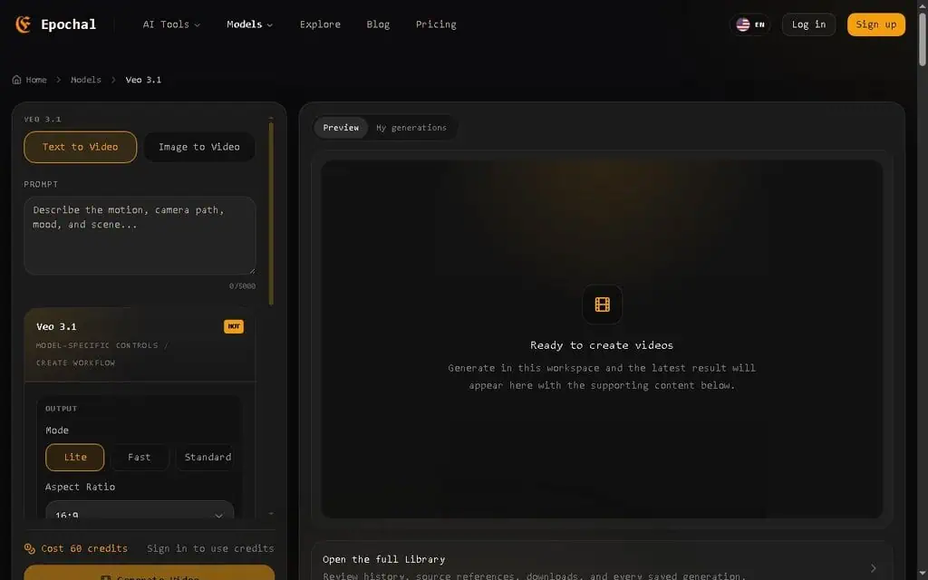 Epochal Veo 3.1 model page showing mode, duration, resolution, and audio controls