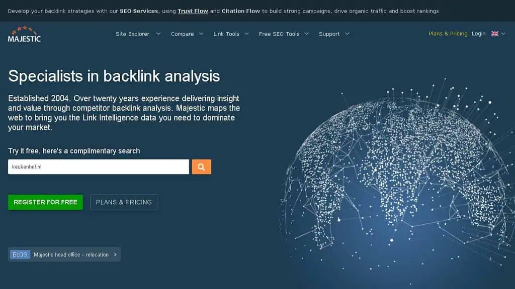 Majestic SEO backlink analysis showing Trust Flow, Citation Flow, and referring domain data