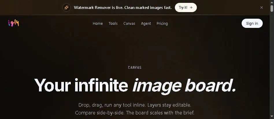 Igly Canvas infinite board workspace for composing and editing product visuals