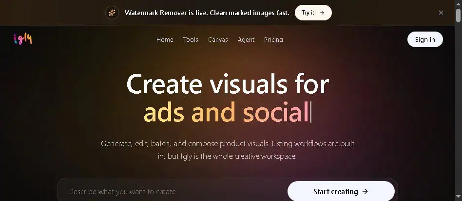 Igly product visual studio homepage showing Create visuals for Shopify and supported marketplaces