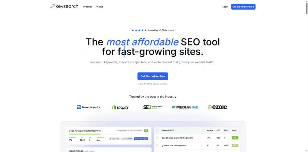 KeySearch SERP analysis showing competitor rankings and keyword metrics