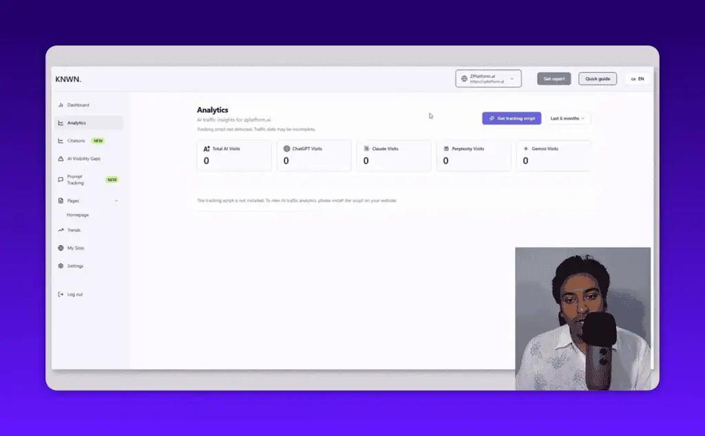 Knwn analytics section showing tracking script setup for AI traffic from ChatGPT and Gemini
