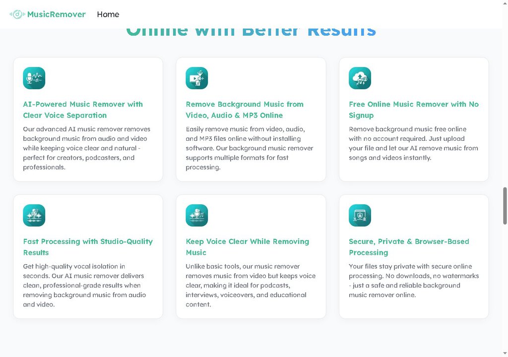 Music Remover AI feature highlights including clear voice separation, multi-format support, and no-signup processing