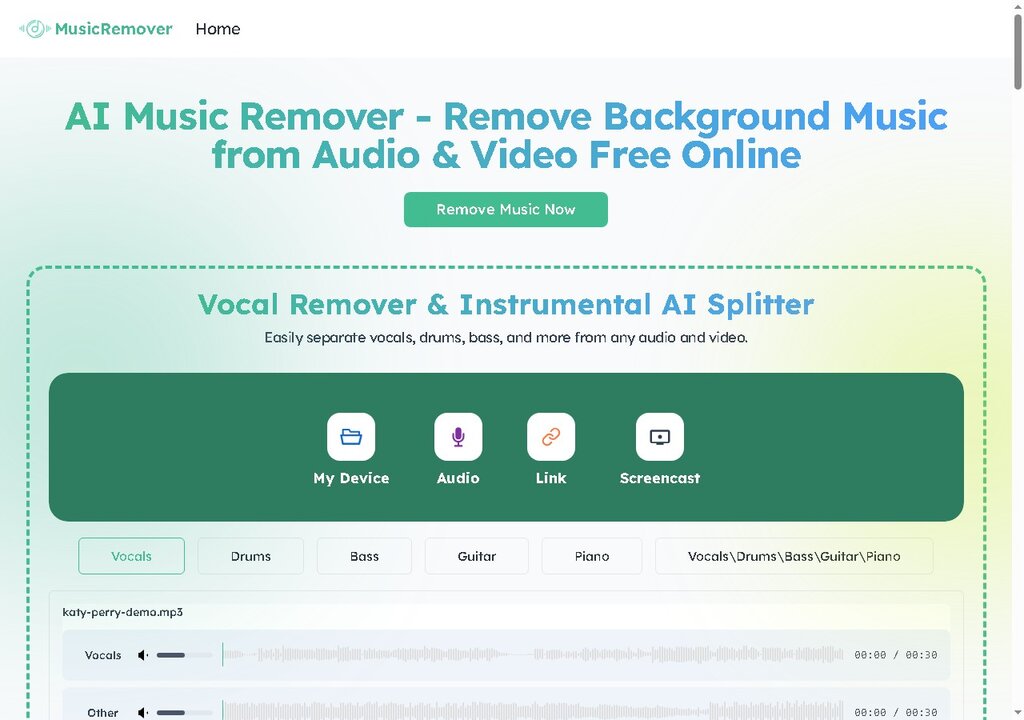 Music Remover AI homepage showing the free AI music remover and vocal stem splitter interface