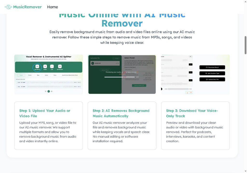 Music Remover AI step-by-step guide for removing background music from audio and video online