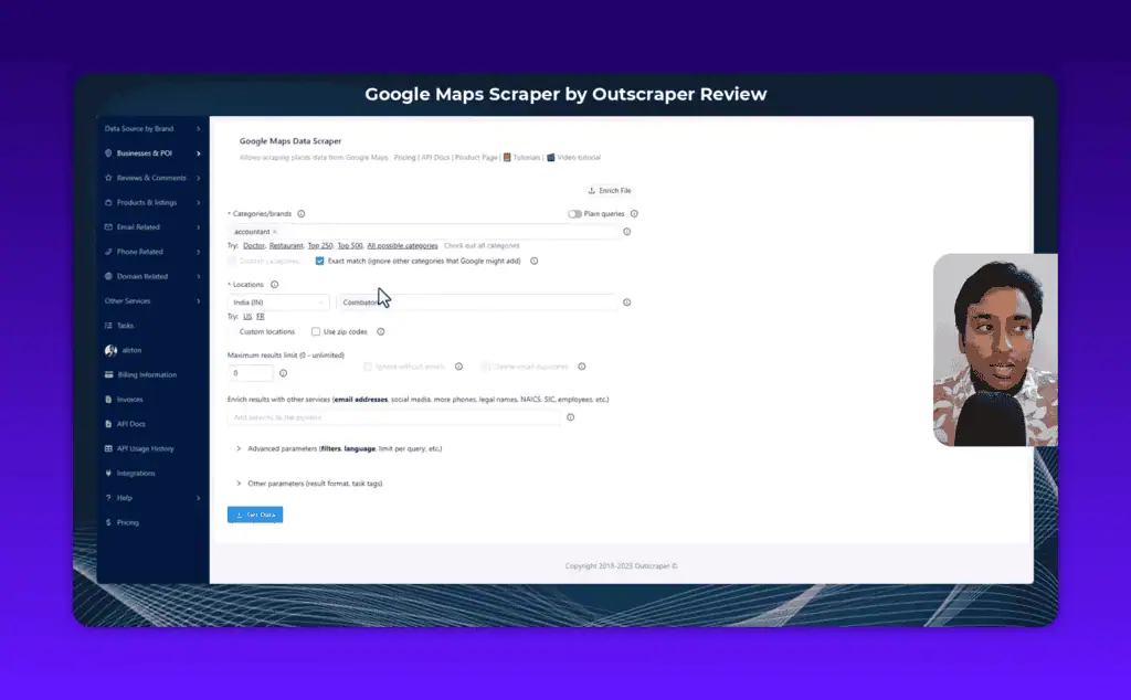 Outscraper Enrich Results panel showing email scraper, phone lookup, WhatsApp checker and other enrichment options