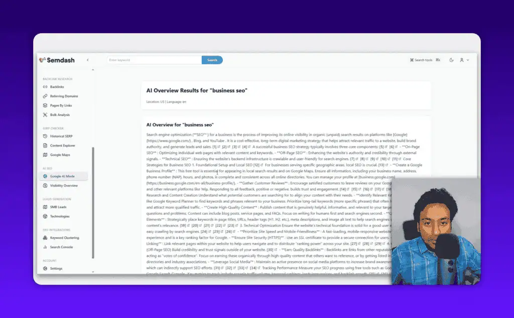 Semdash AI overview feature showing unformatted output example