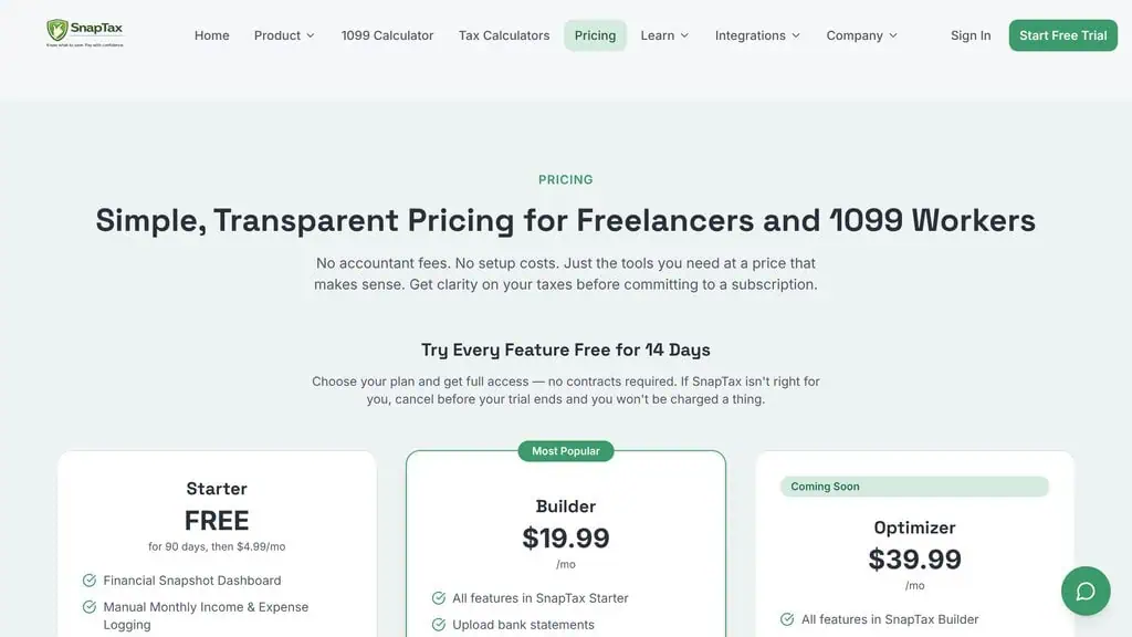snaptaxapp.com pricing page showing Starter, Builder, and Optimizer plans for 1099 tax planning