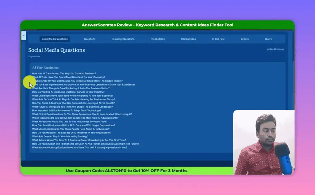 Answer Socrates social media questions section showing conversational keyword queries from social platforms
