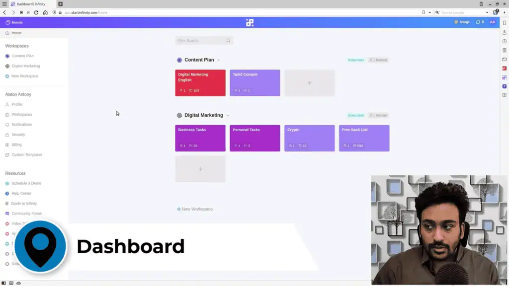 Start Infinity dashboard showing workspaces and boards overview