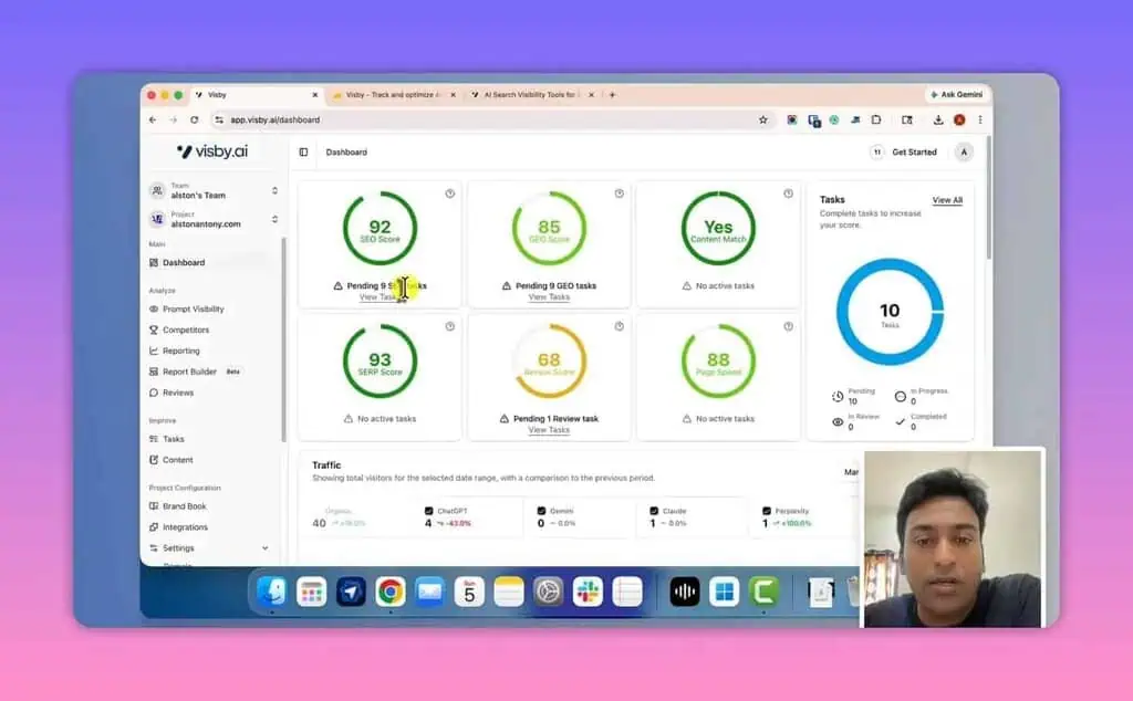 Visby AI dashboard with SEO and GEO task counts and traffic data