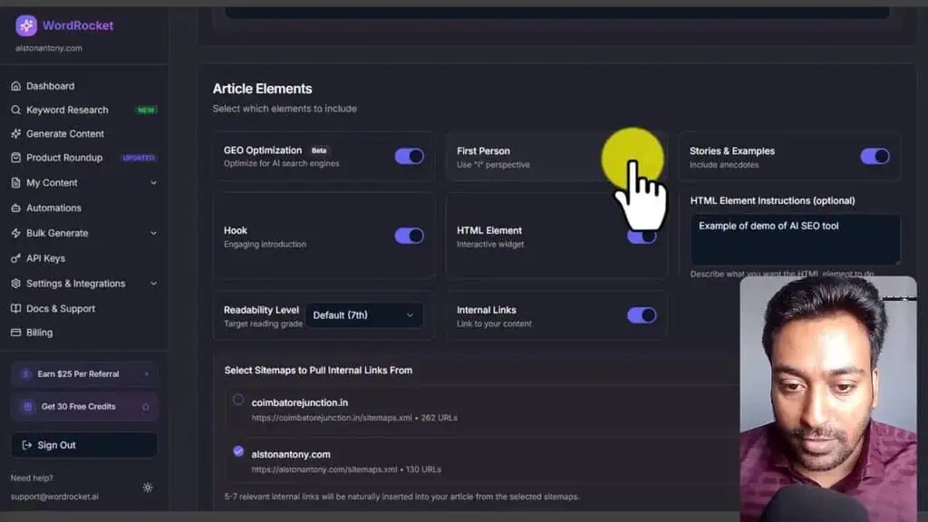 WordRocket article elements settings showing sitemap internal links toggle and content options