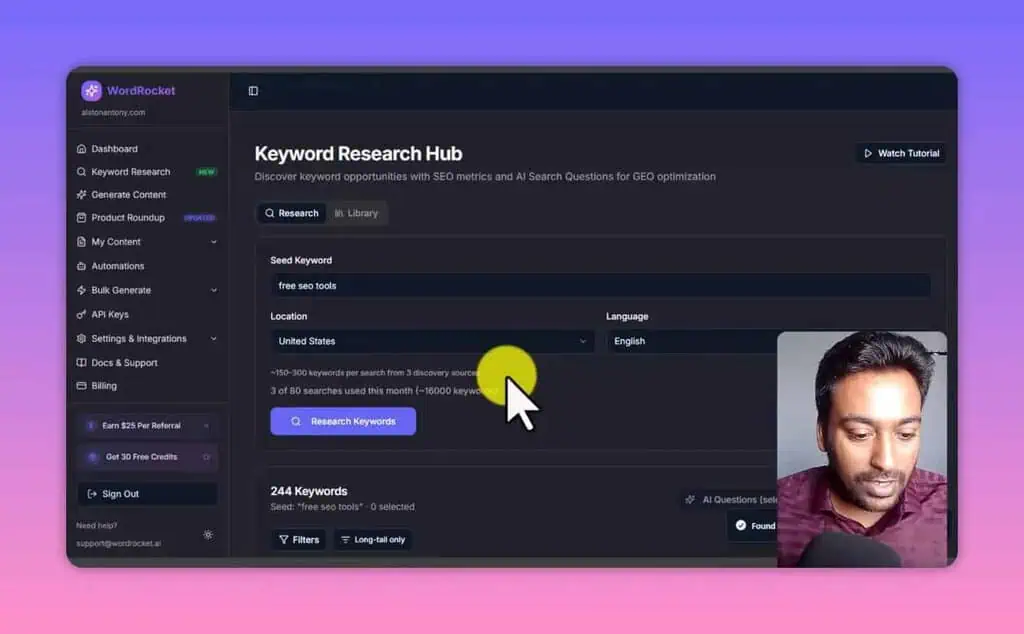 WordRocket keyword research hub showing 244 keywords with AI enrich option