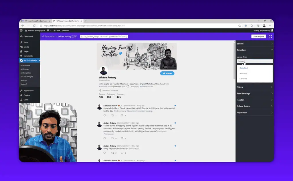 WP Social Ninja layout dropdown with live preview options