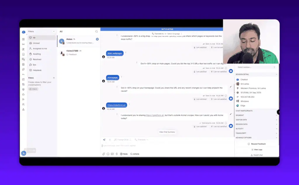 YourGPT detailed conversation view showing session history, IP data, and reply actions