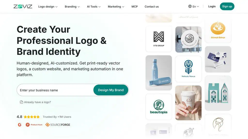 Zoviz homepage with professional logo and brand identity builder and business name input