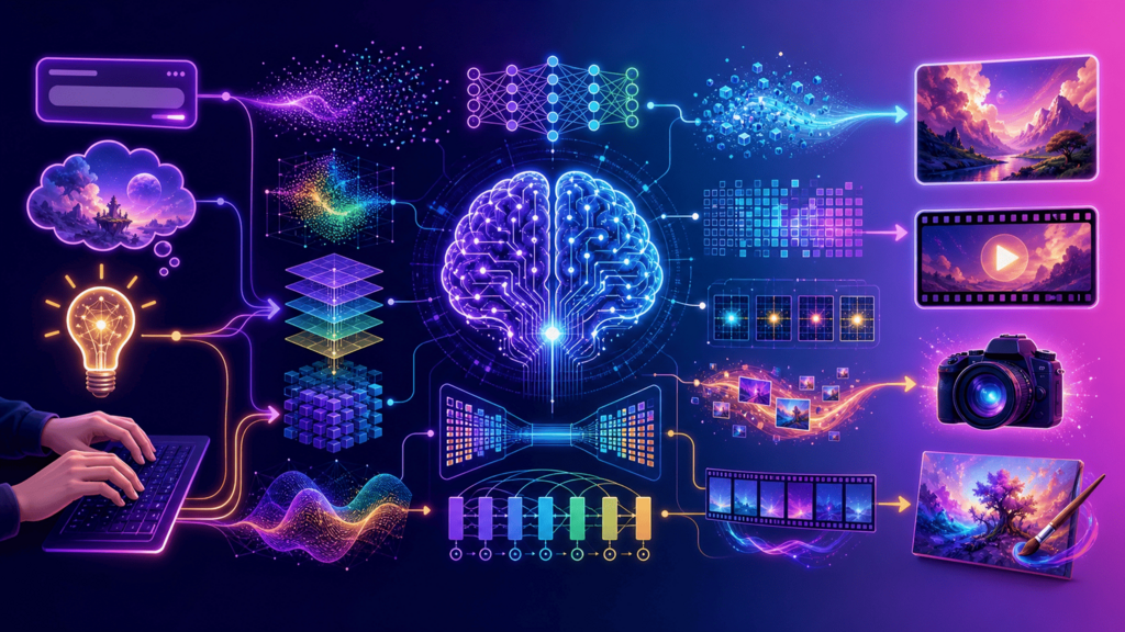 How AI Creates Images and Videos: Diffusion, Latents, and Spacetime Patches