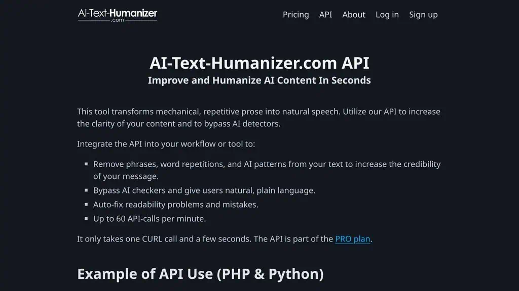 AI-Text-Humanizer.com API page with CURL example and PRO plan requirement