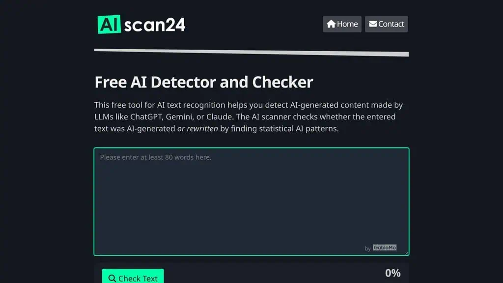 AIscan24 free AI detector homepage with AI-Similarity score panel