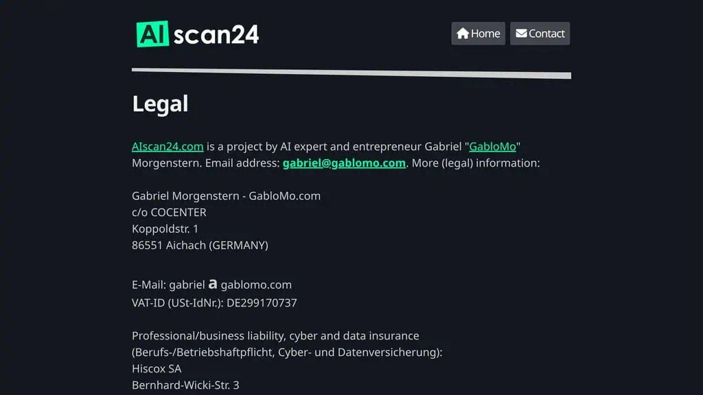 AIscan24 legal page showing the German company behind the free AI detector