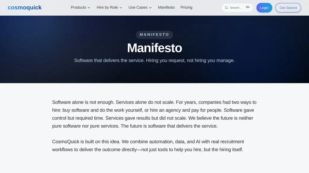 CosmoQuick manifesto page explaining its software-that-delivers-the-service model