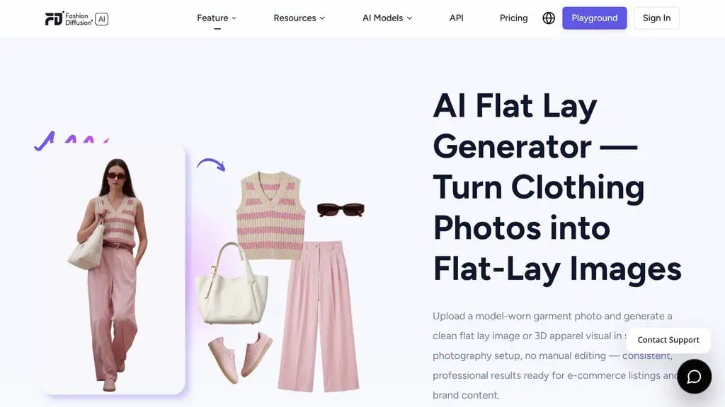 Fashion Diffusion AI flat lay generator converting a model-worn outfit photo into separated flat-lay product images