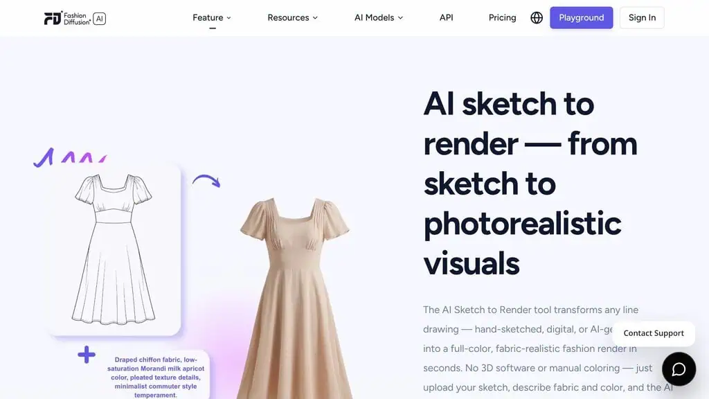 Fashion Diffusion AI sketch to render turning a dress line drawing into a photorealistic chiffon garment visual