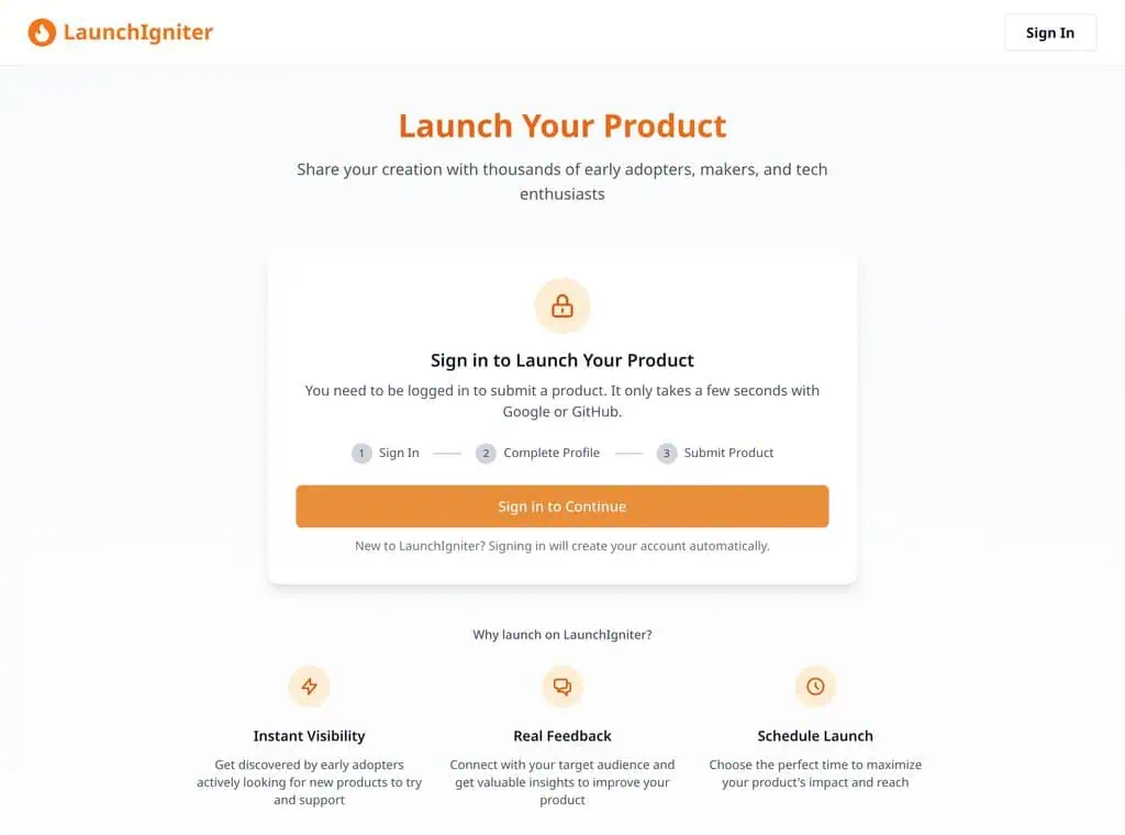 LaunchIgniter submit page showing the three step sign in, complete profile and submit product launch flow