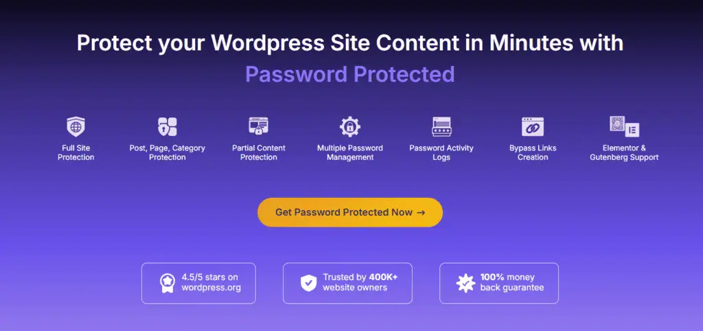 Password Protected WordPress plugin homepage showing full site protection, partial content protection and password activity logs